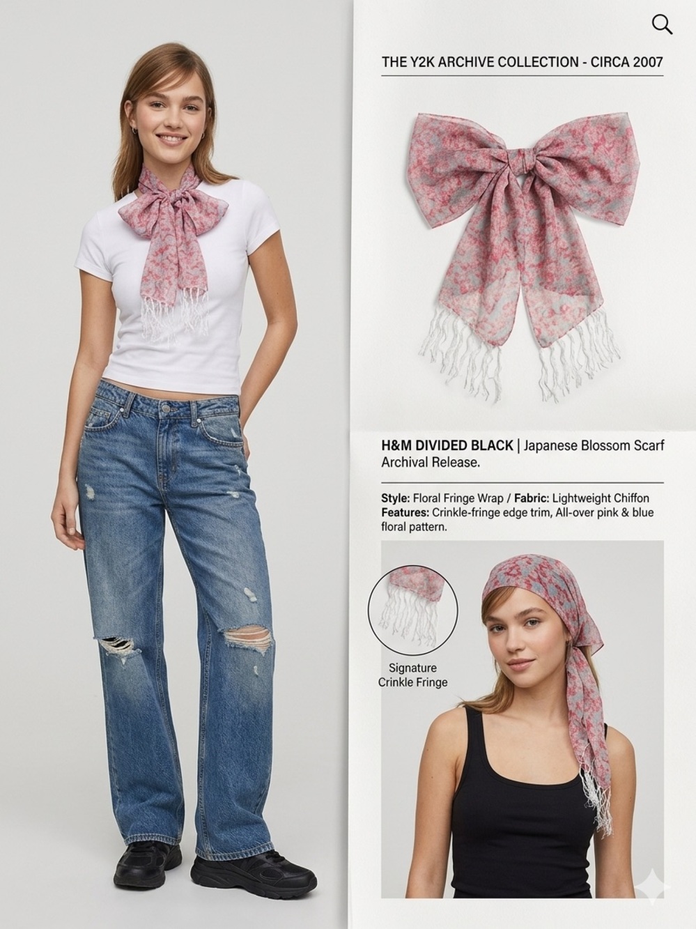 H&M Divided Archival Y2K Japanese Blossom Fringe Scarf Circa 2007 *HOST PICK*